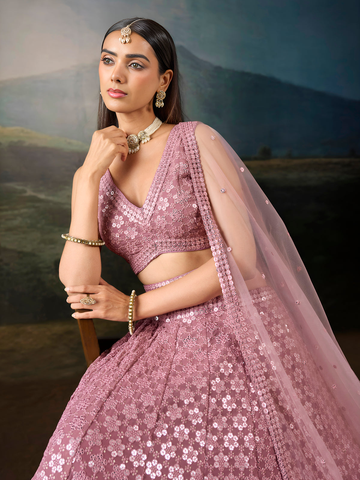 Dusty Rose Pink Sequin Embroidered Bridal & Party Wear Lehenga Choli with Dupatta