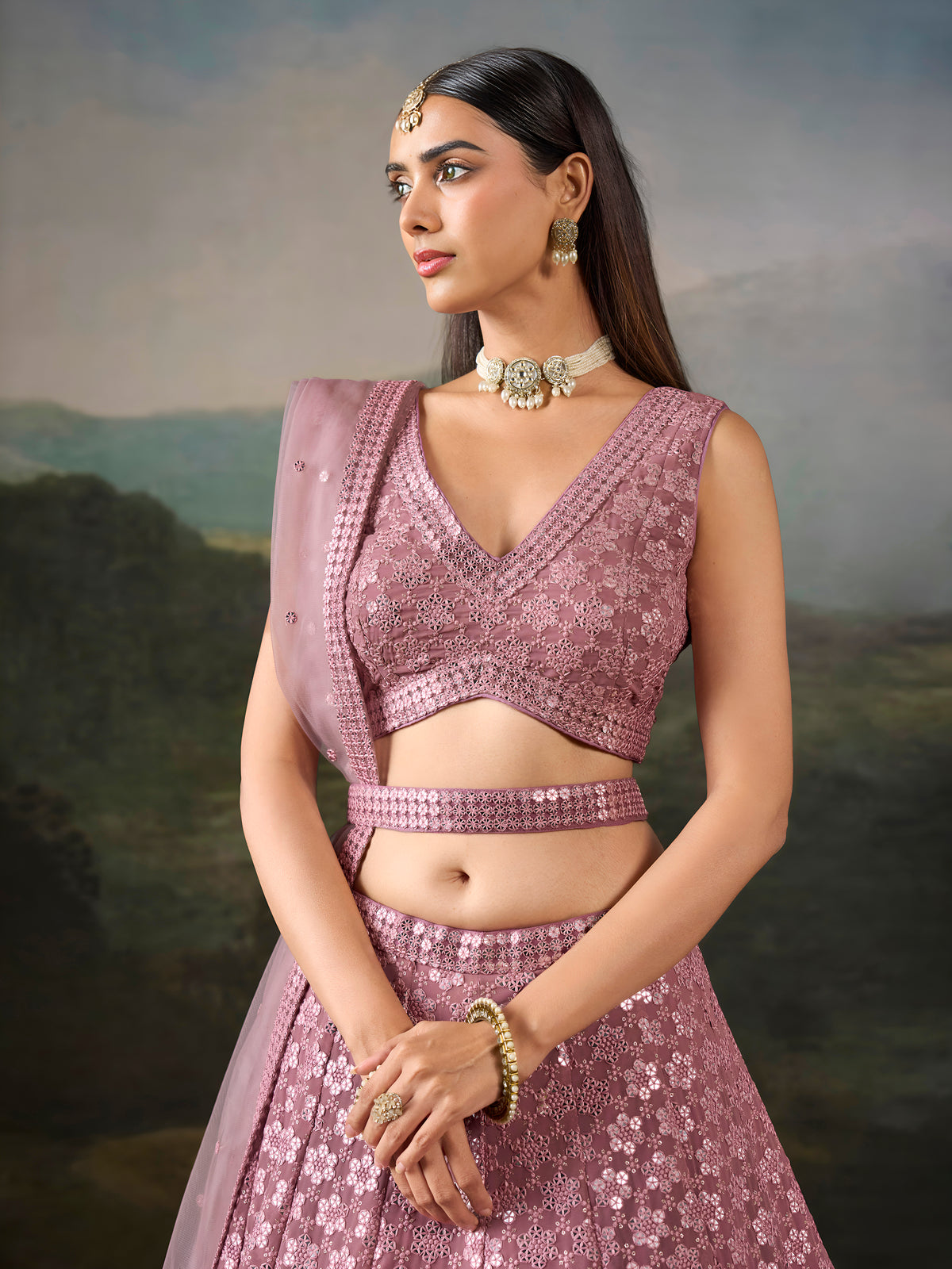 Dusty Rose Pink Sequin Embroidered Bridal & Party Wear Lehenga Choli with Dupatta