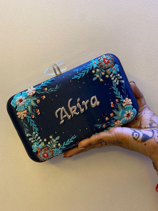 Customised Floral Embroidered Clutch with Transparent Knob - Blacks