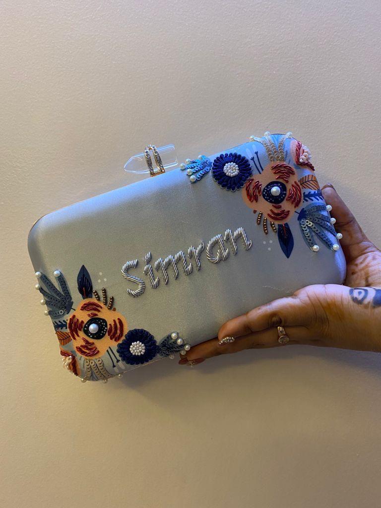 Customised Floral Embroidered Clutch with Transparent Knob - Pastels