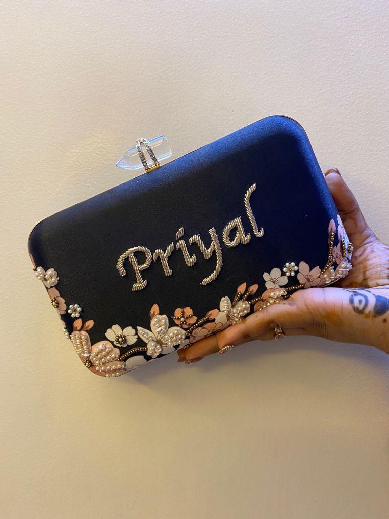 Customised Floral Embroidered Clutch with Transparent Knob - Blacks