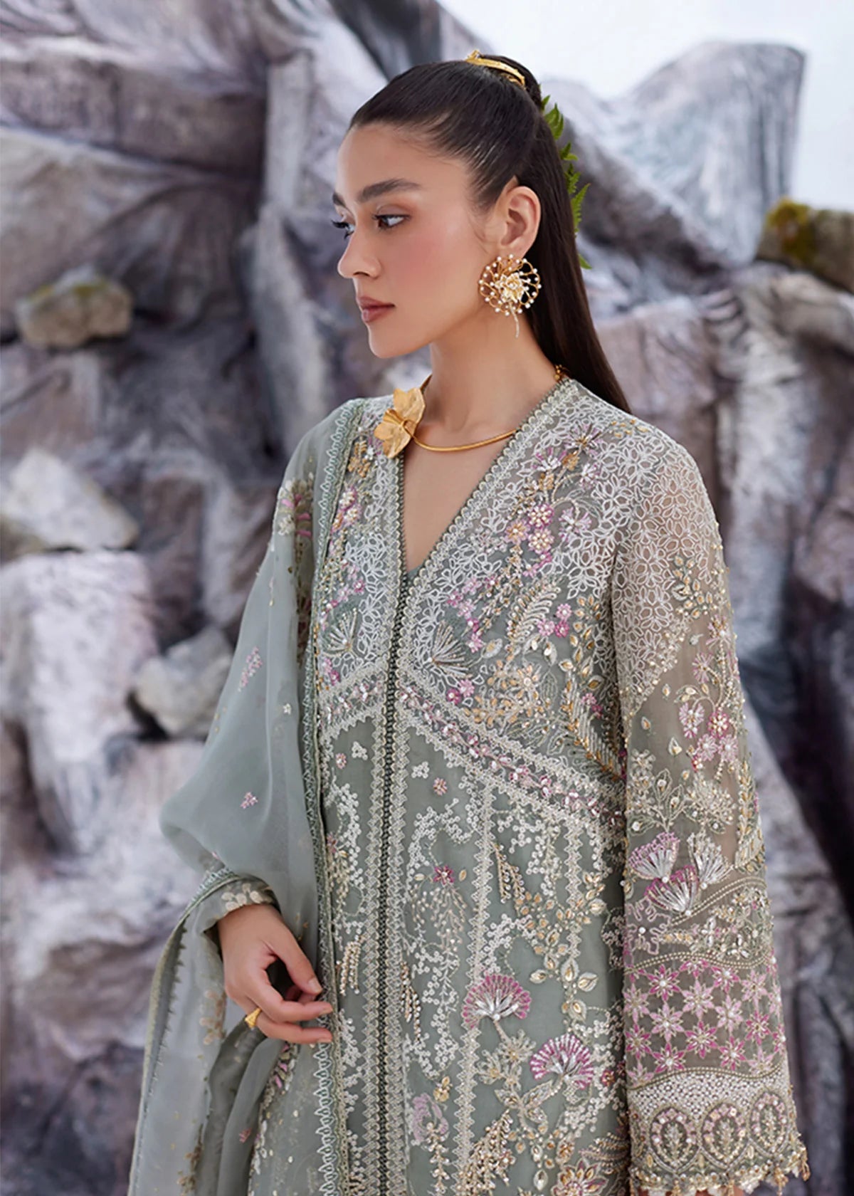 Oyster Bay Green Organza V-neck Suit