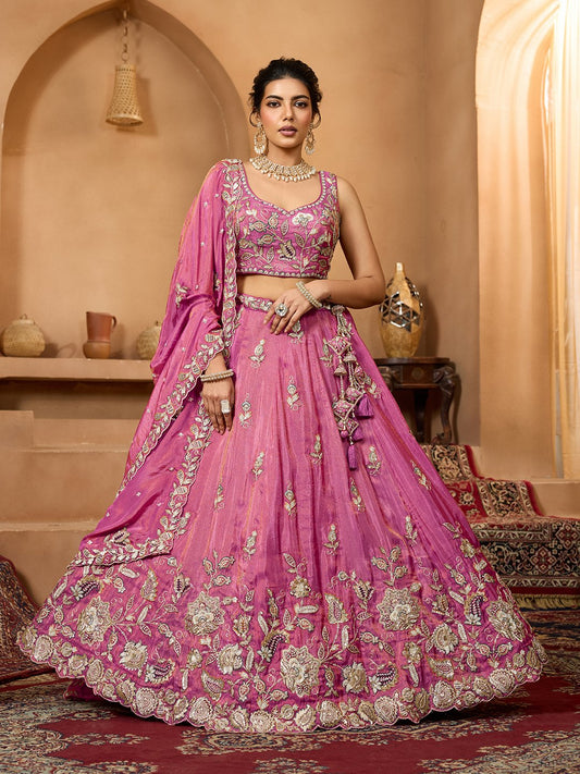 Pink- Tissue Fabric Sequinse embroidery Semi-Stitched Lehenga & Unstitched Blouse With Dupatta