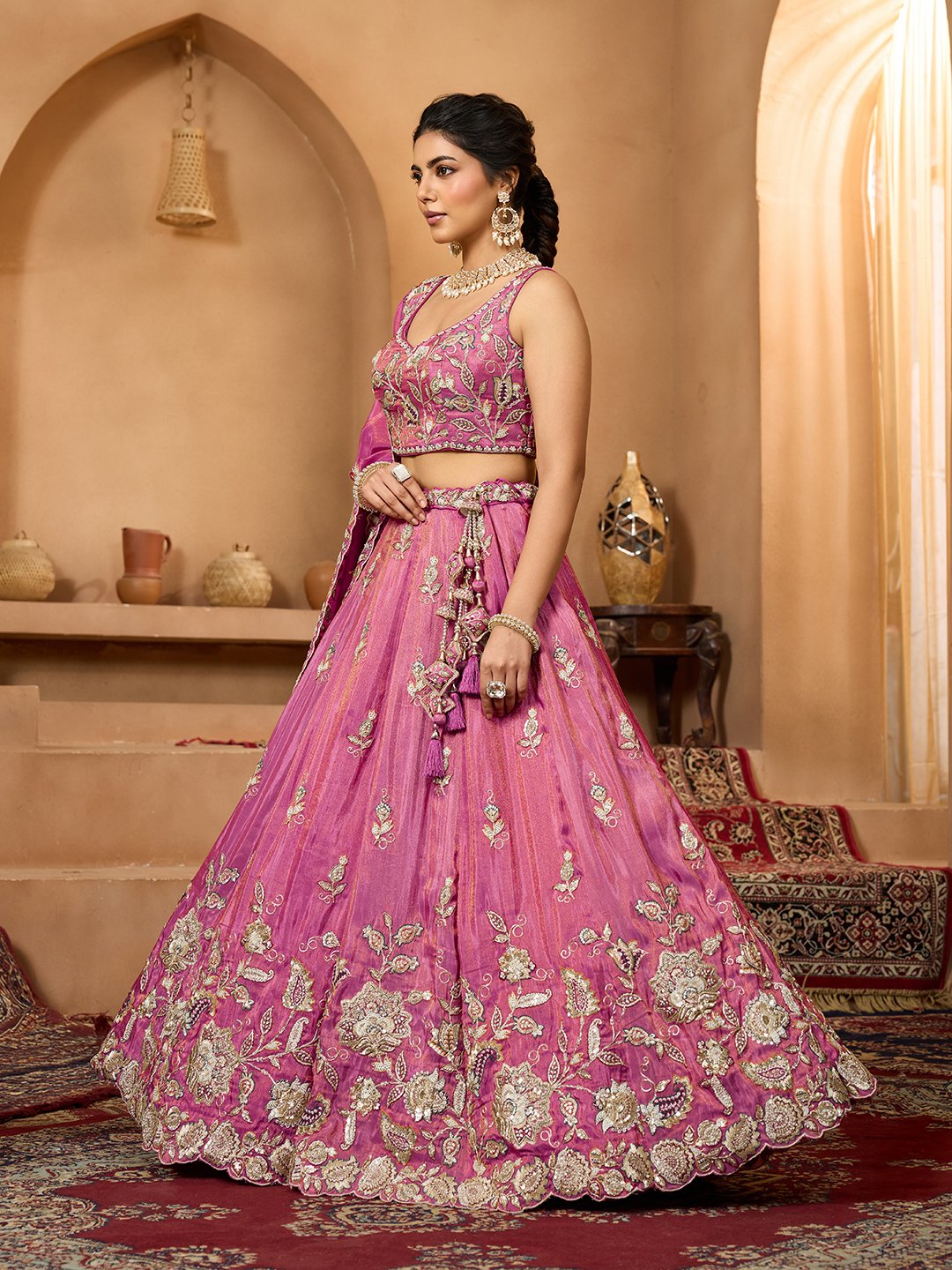 Pink- Tissue Fabric Sequinse embroidery Semi-Stitched Lehenga & Unstitched Blouse With Dupatta