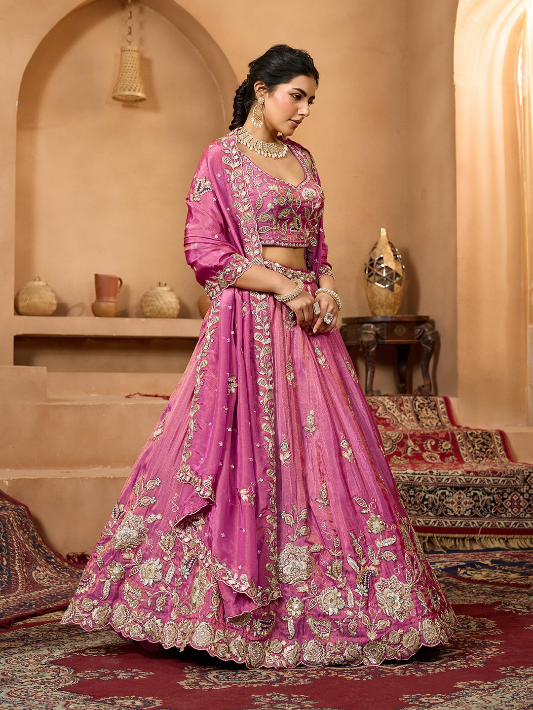 Pink- Tissue Fabric Sequinse embroidery Semi-Stitched Lehenga & Unstitched Blouse With Dupatta