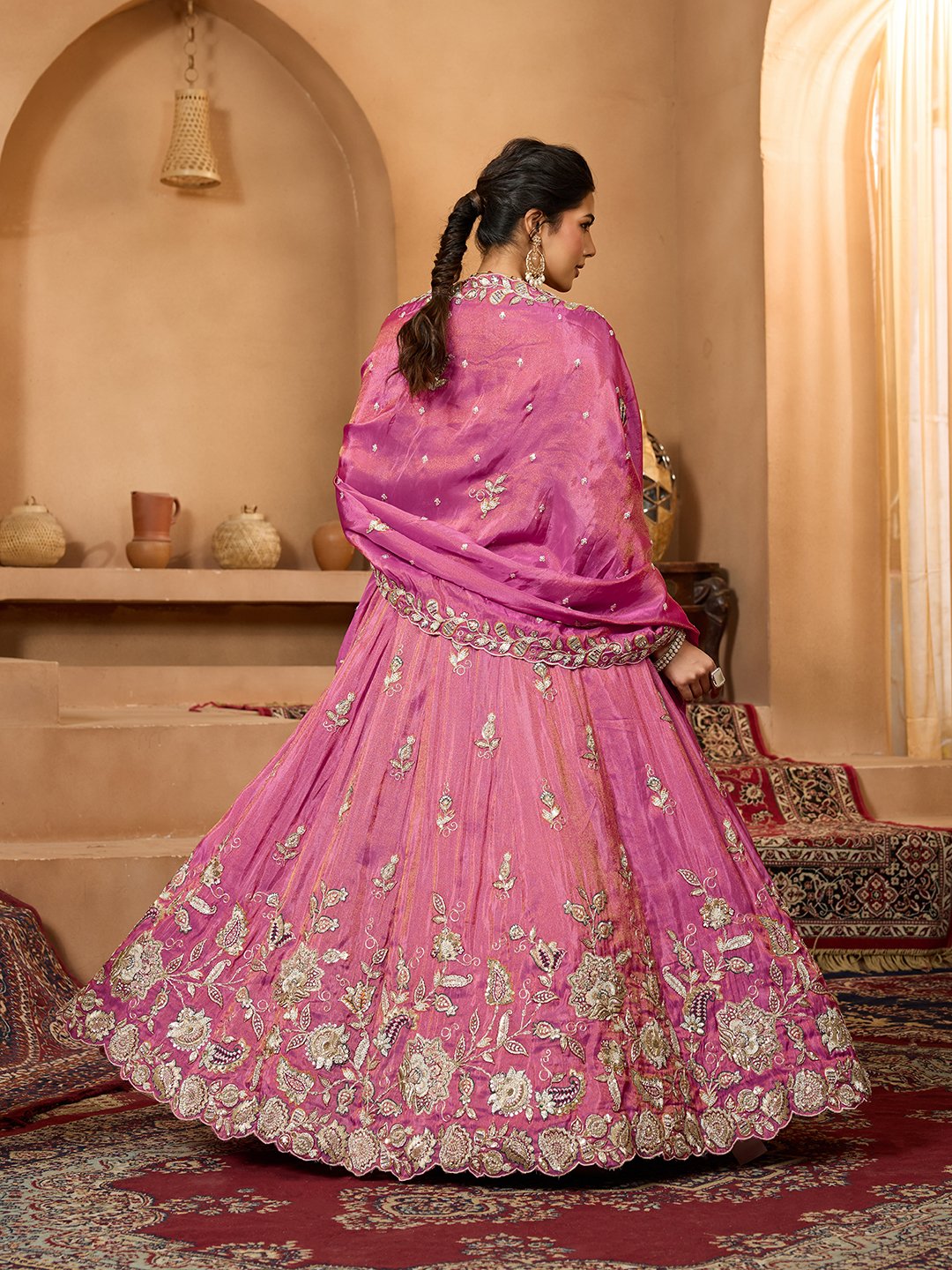 Pink- Tissue Fabric Sequinse embroidery Semi-Stitched Lehenga & Unstitched Blouse With Dupatta