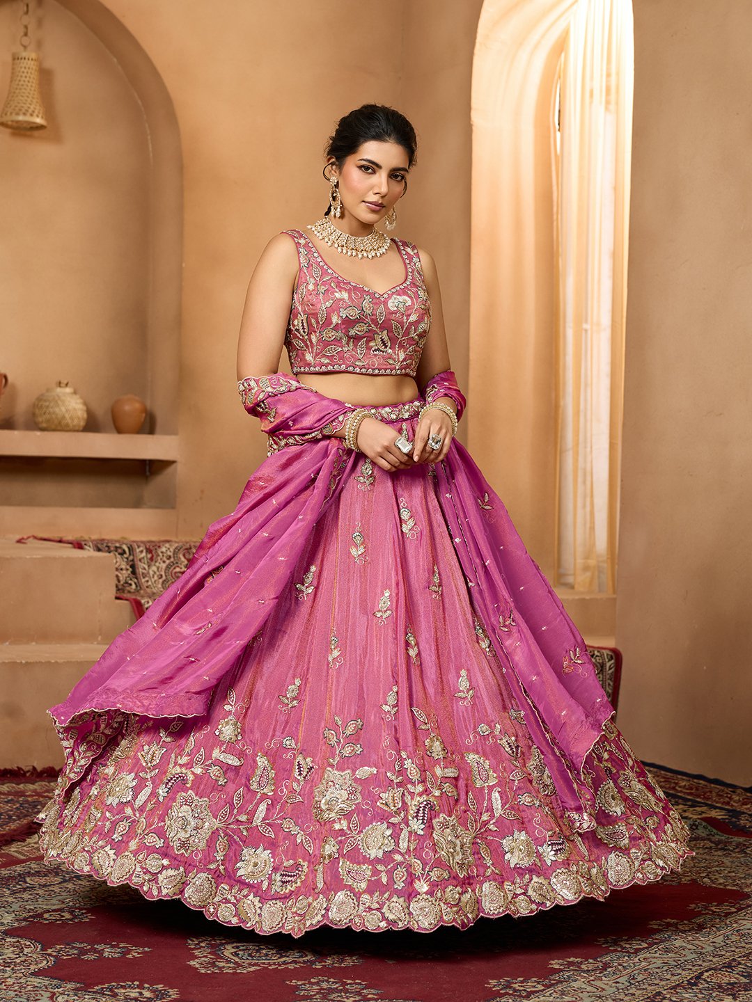 Pink- Tissue Fabric Sequinse embroidery Semi-Stitched Lehenga & Unstitched Blouse With Dupatta