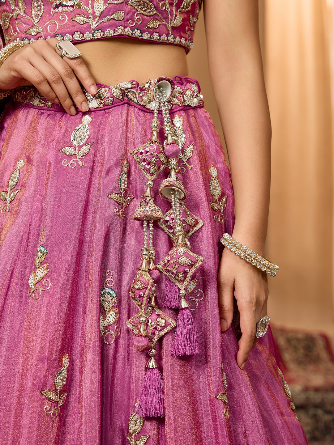 Pink- Tissue Fabric Sequinse embroidery Semi-Stitched Lehenga & Unstitched Blouse With Dupatta