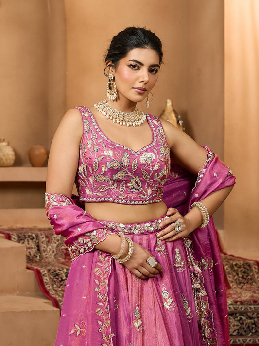 Pink- Tissue Fabric Sequinse embroidery Semi-Stitched Lehenga & Unstitched Blouse With Dupatta