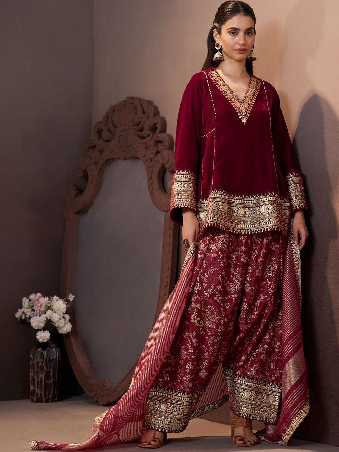 Women Ethnic Motifs Embroidered Regular Velvet Kurta with Farshi & With Dupatta