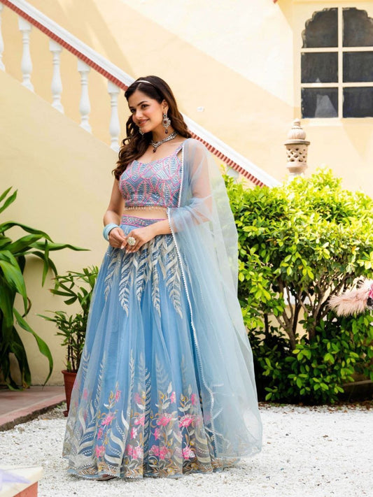 Sky Blue Net Lehenga Choli with Zari, Sequence & Embroidery Work | Lace Border Dupatta