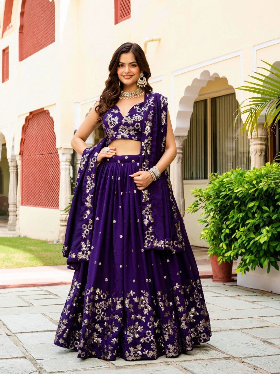 Purple Vichitra Silk Lehenga Choli with Zari & Sequence Embroidery and Lace Border Dupatta