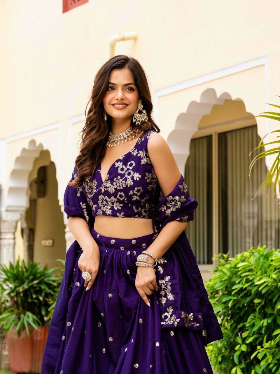 Purple Vichitra Silk Lehenga Choli with Zari & Sequence Embroidery and Lace Border Dupatta