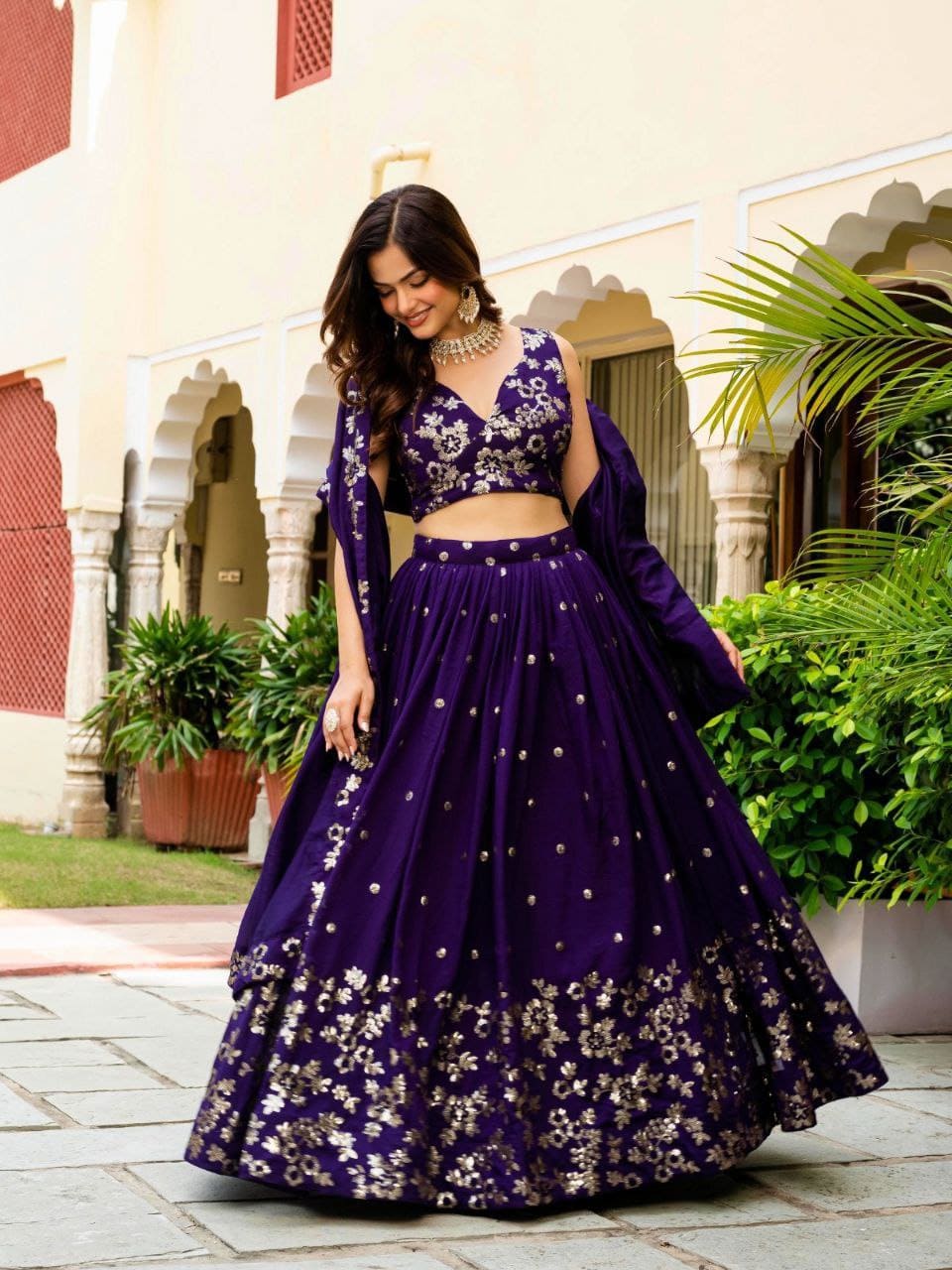 Purple Vichitra Silk Lehenga Choli with Zari & Sequence Embroidery and Lace Border Dupatta