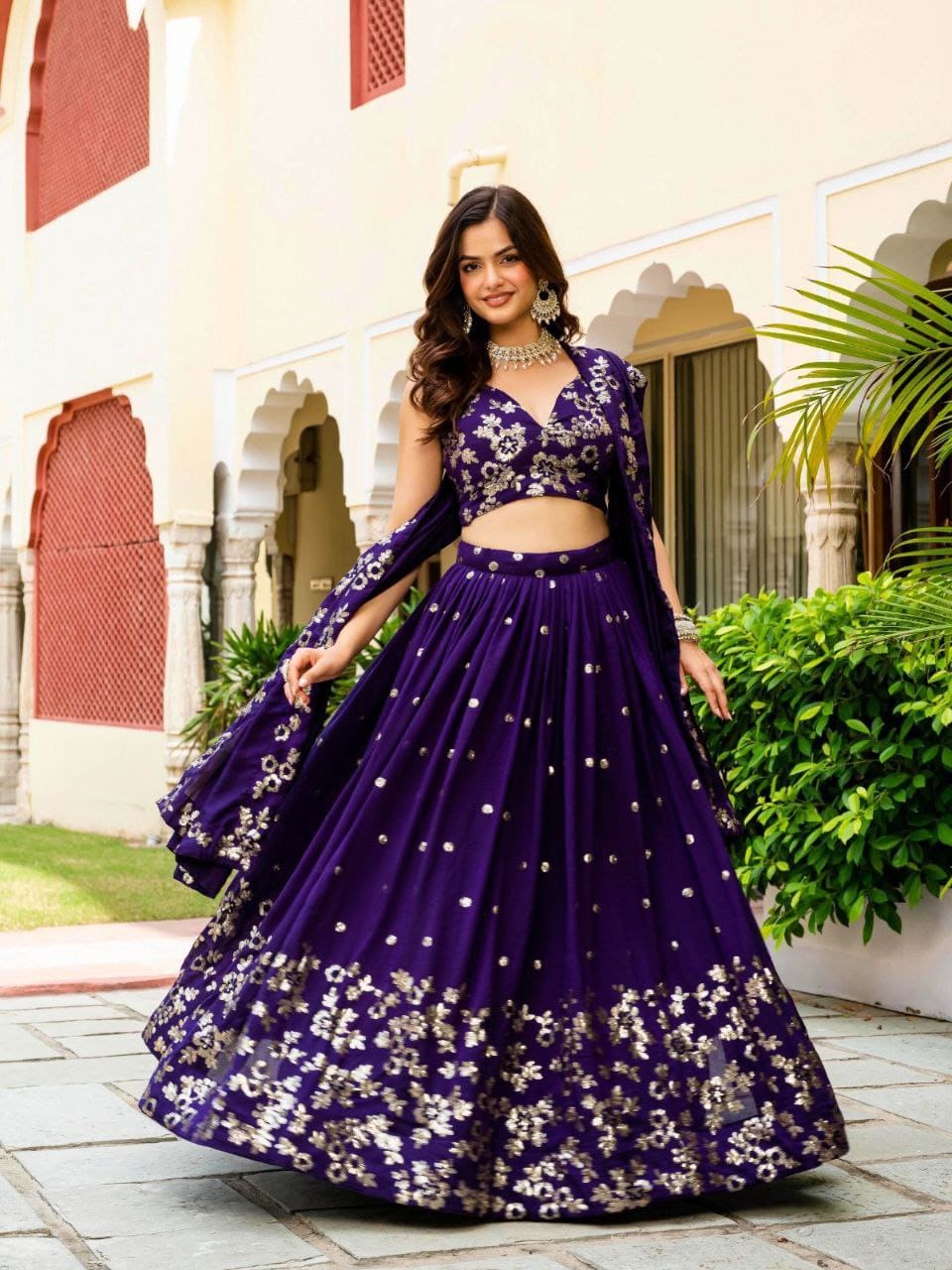 Purple Vichitra Silk Lehenga Choli with Zari & Sequence Embroidery and Lace Border Dupatta
