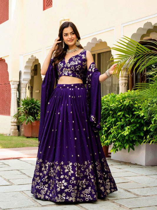 Purple Vichitra Silk Lehenga Choli with Zari & Sequence Embroidery and Lace Border Dupatta