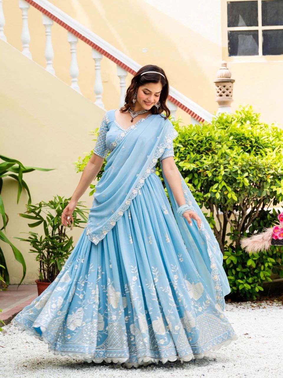 Sky Blue Faux Georgette Multi-Sequence Embroidered Lehenga Choli with Lace Border Dupatta