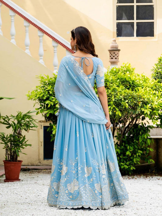 Sky Blue Faux Georgette Multi-Sequence Embroidered Lehenga Choli with Lace Border Dupatta