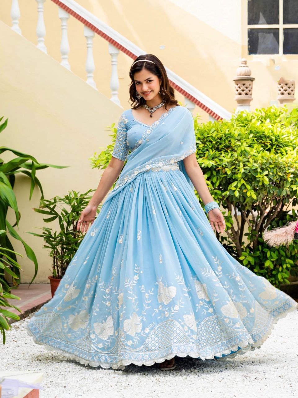 Sky Blue Faux Georgette Multi-Sequence Embroidered Lehenga Choli with Lace Border Dupatta