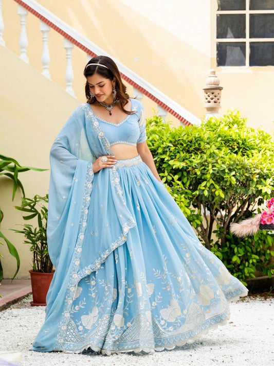 Sky Blue Faux Georgette Multi-Sequence Embroidered Lehenga Choli with Lace Border Dupatta