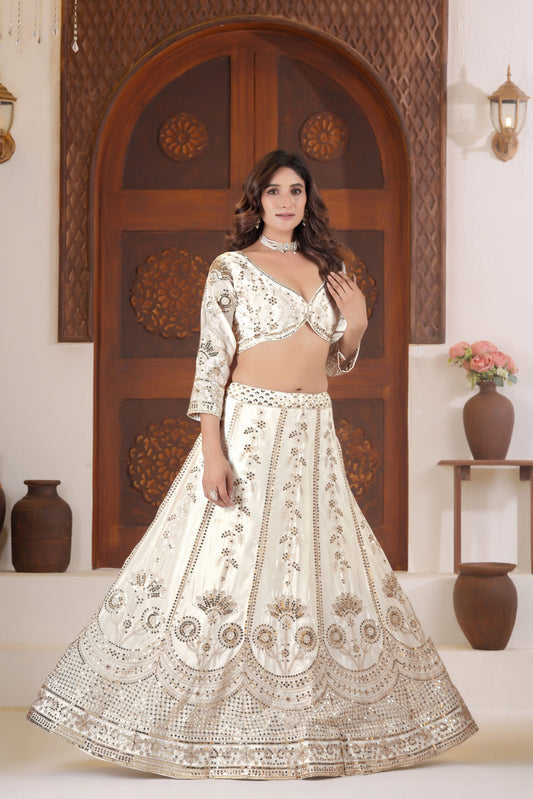 White Chinon Silk Sequins & Zari Embroidered Lehenga Choli for Bridesmaid & Wedding Wear