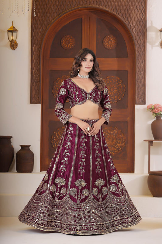 Wine Chinon Silk Lehenga Choli with Sequins & Zari Embroidery | Wedding & Festive Wear