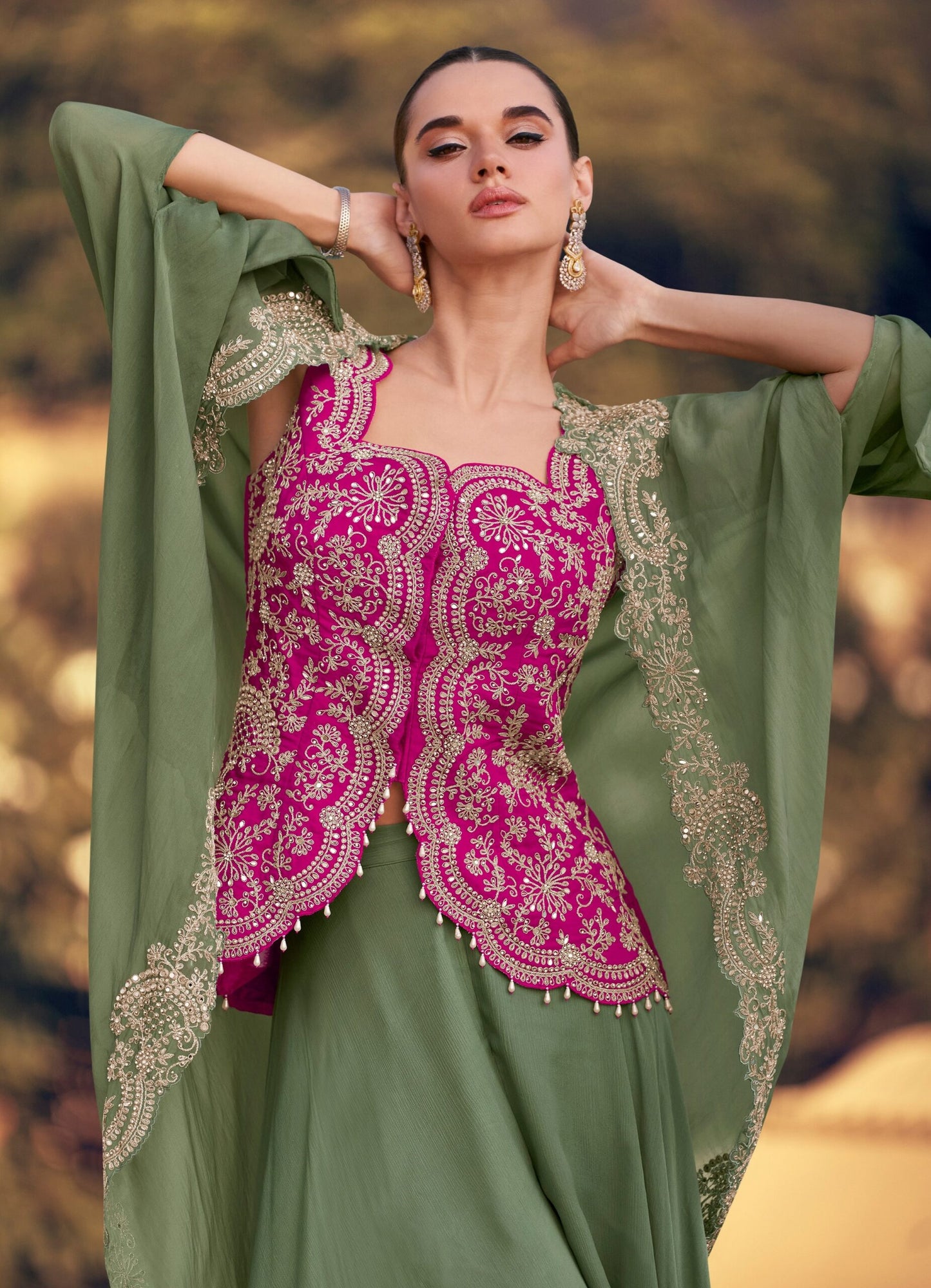 Heavy Chinon Sage Green Embroidered Readymade Designer Suit