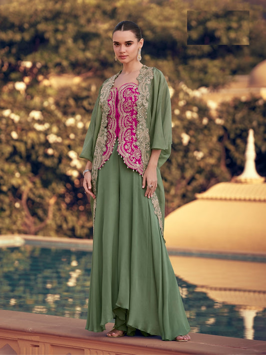 Heavy Chinon Sage Green Embroidered Readymade Designer Suit