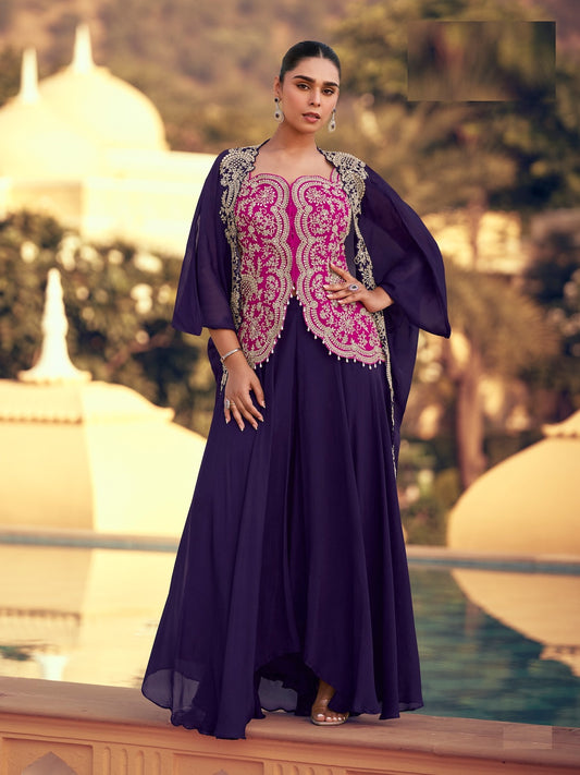 Heavy Chinon Purple Embroidered Readymade Designer Suit