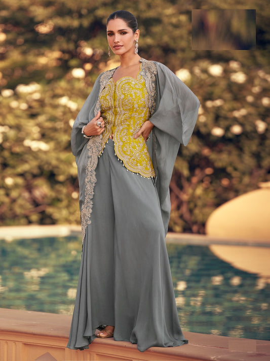 Heavy Chinon Grey Embroidered Readymade Designer Suit