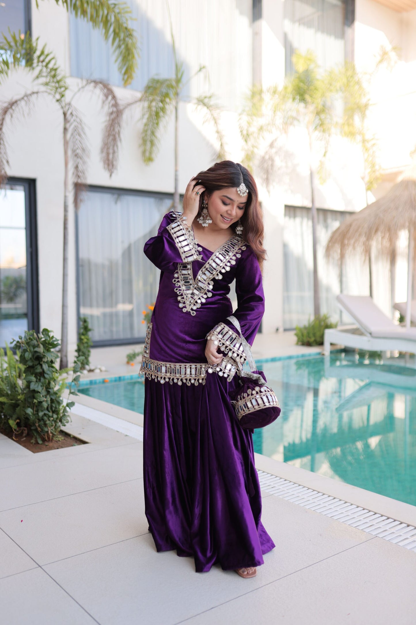 Royal Purple Velvet Mirror Work Sharara Set for Women Festive & Wedding Wear