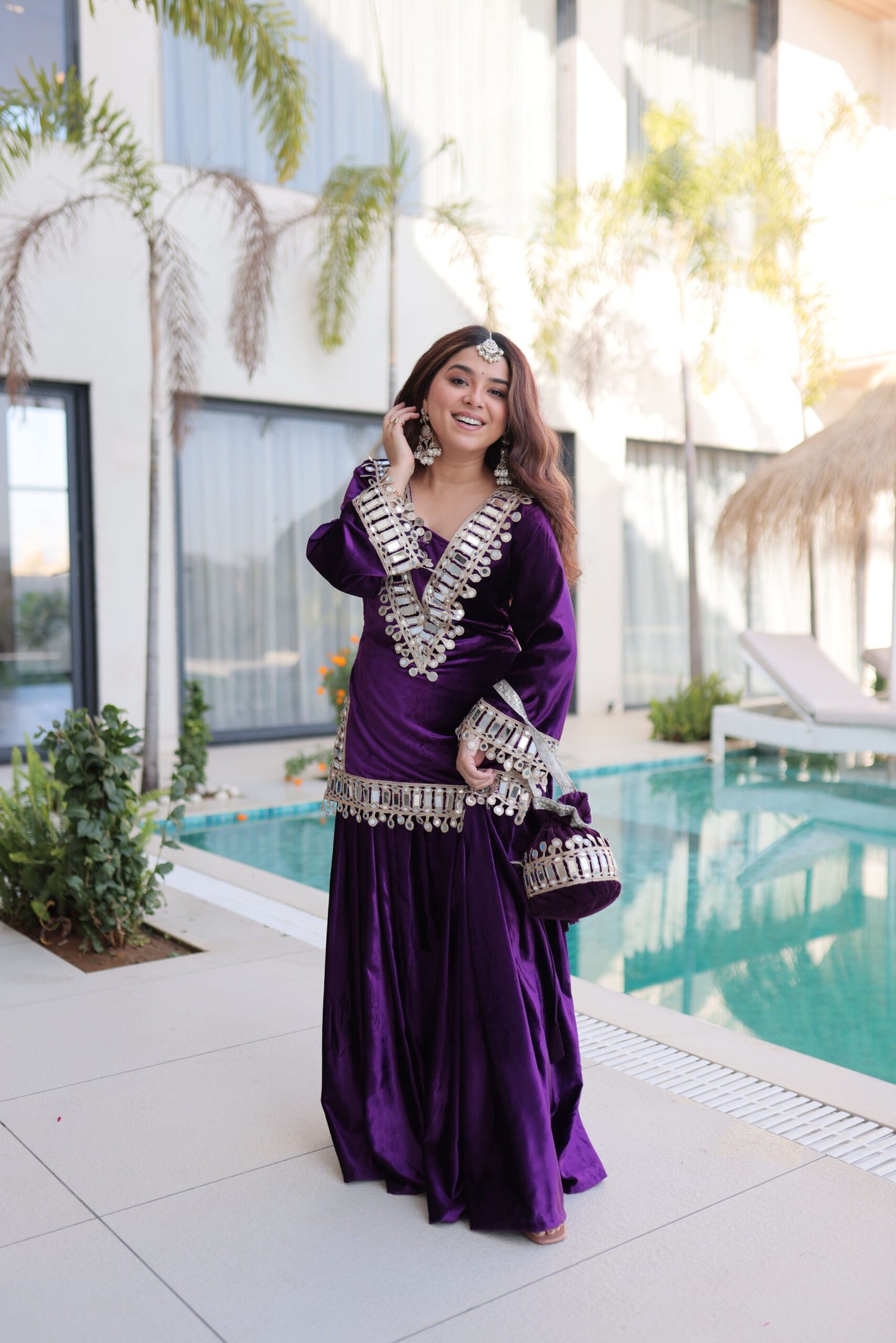 Royal Purple Velvet Mirror Work Sharara Set for Women Festive & Wedding Wear