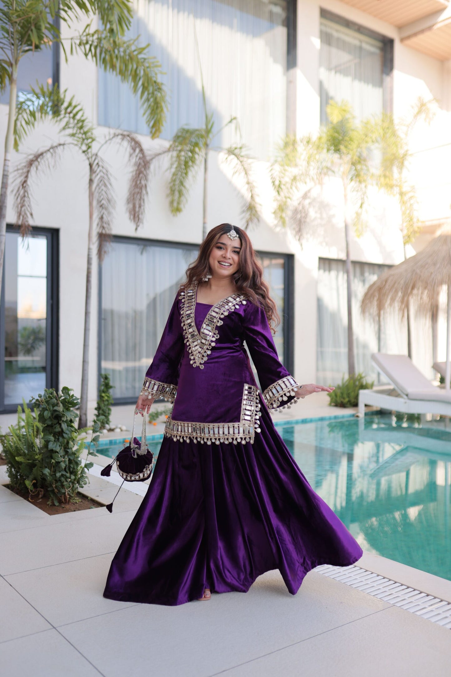 Royal Purple Velvet Mirror Work Sharara Set for Women Festive & Wedding Wear