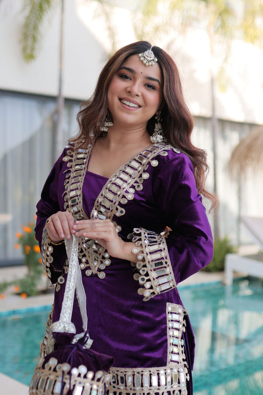 Royal Purple Velvet Mirror Work Sharara Set for Women Festive & Wedding Wear