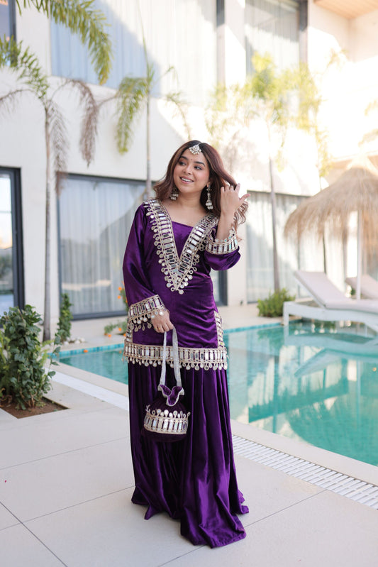 Royal Purple Velvet Mirror Work Sharara Set for Women Festive & Wedding Wear