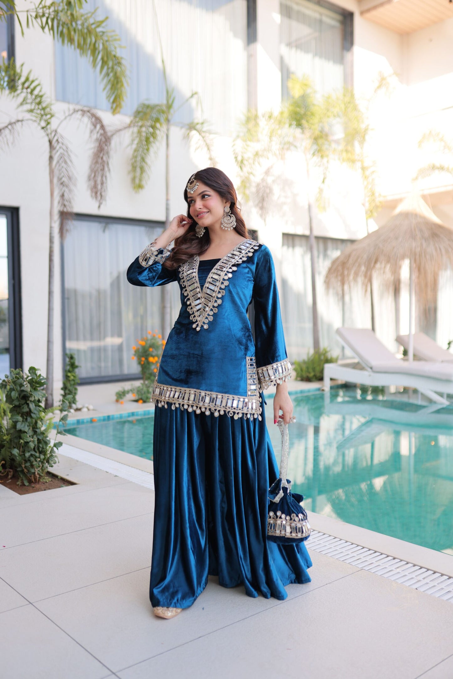 Elegant Teal Blue Velvet Mirror Work Sharara Set for Women Festive Party Wear