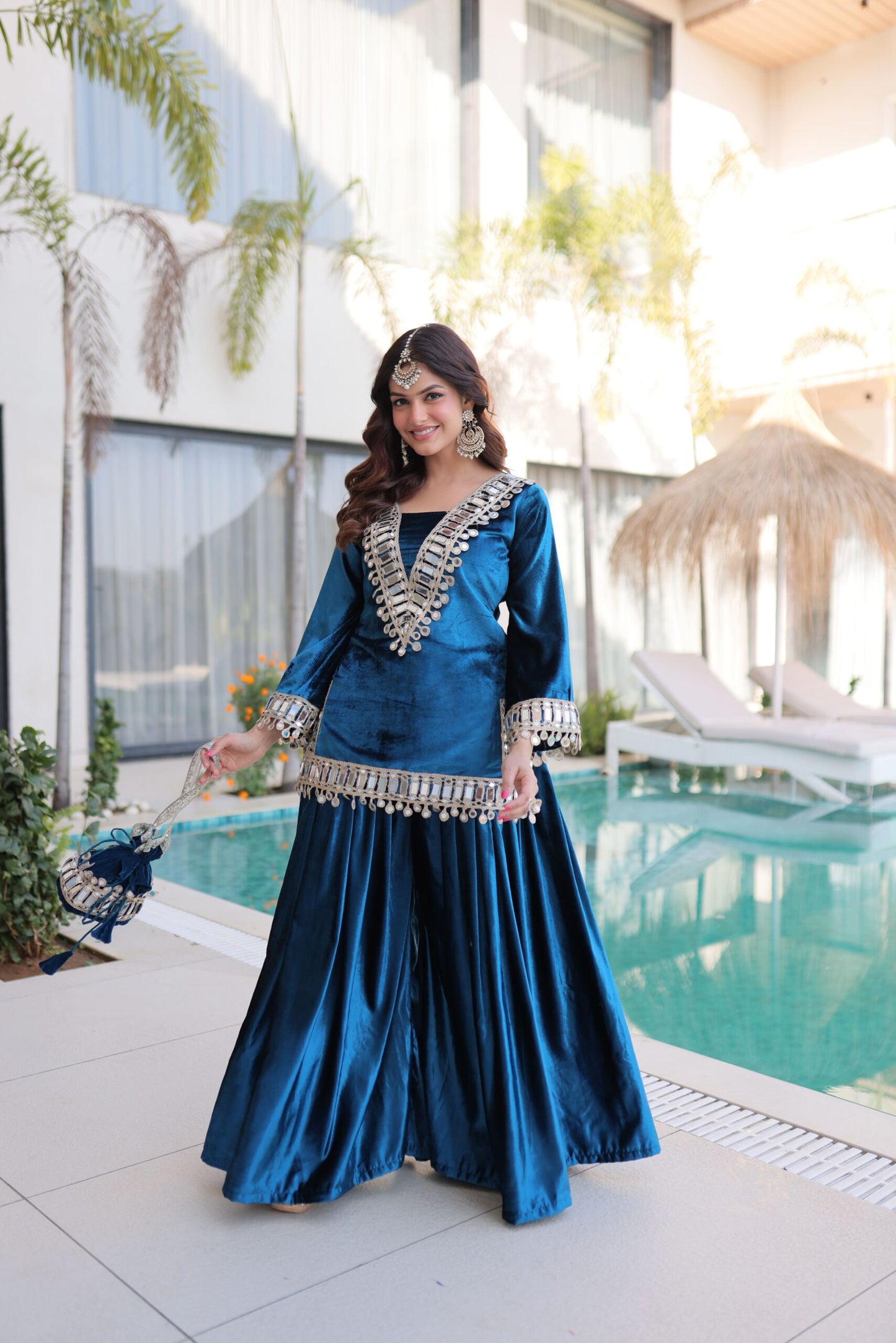 Elegant Teal Blue Velvet Mirror Work Sharara Set for Women Festive Party Wear