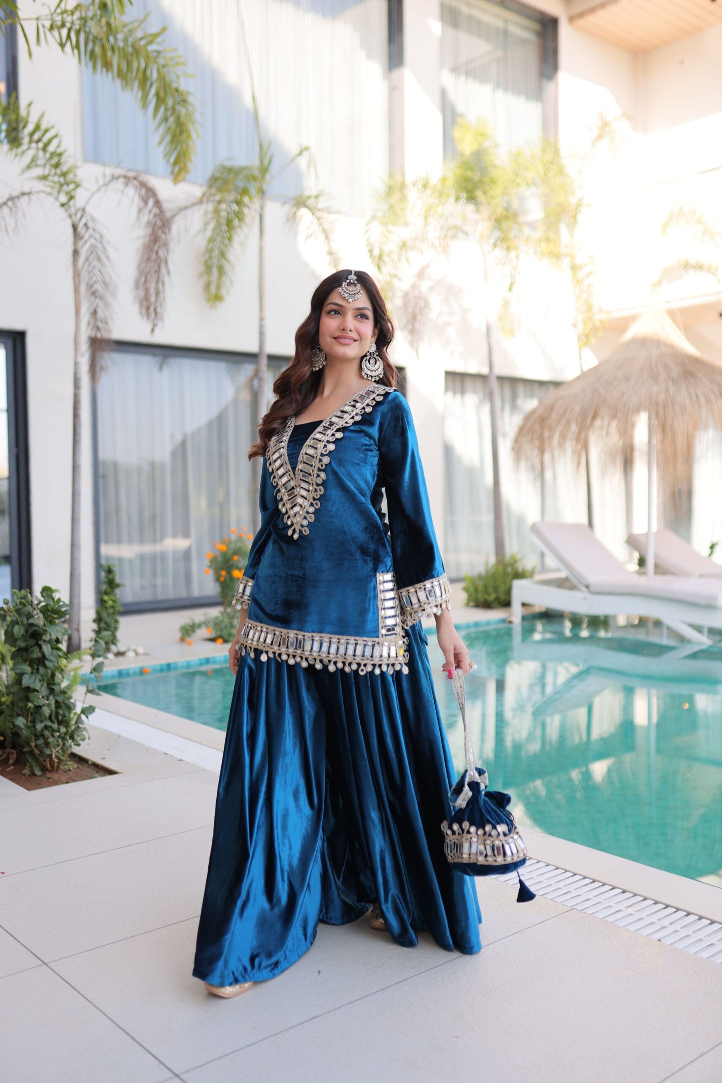Elegant Teal Blue Velvet Mirror Work Sharara Set for Women Festive Party Wear