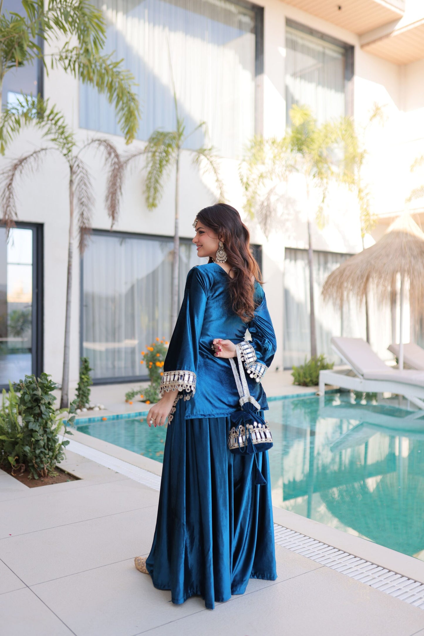 Elegant Teal Blue Velvet Mirror Work Sharara Set for Women Festive Party Wear