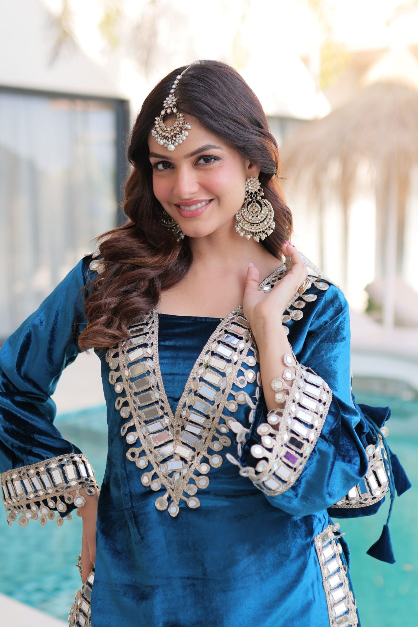 Elegant Teal Blue Velvet Mirror Work Sharara Set for Women Festive Party Wear