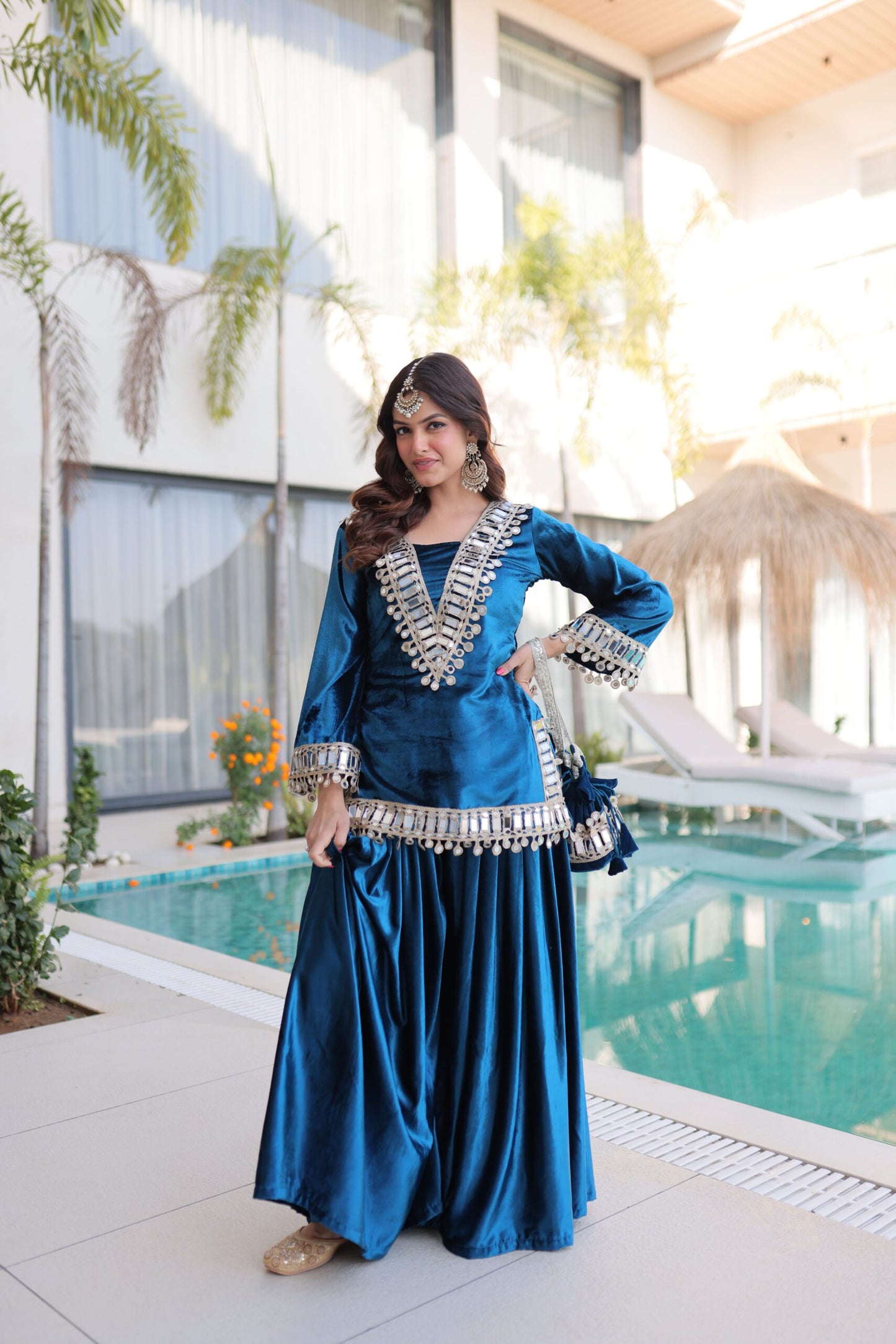 Elegant Teal Blue Velvet Mirror Work Sharara Set for Women Festive Party Wear