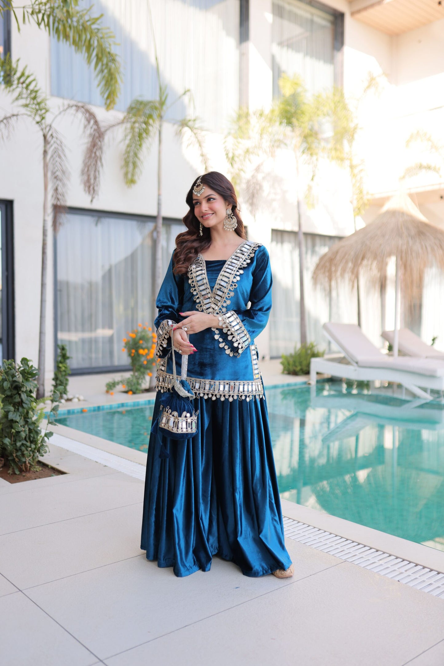 Elegant Teal Blue Velvet Mirror Work Sharara Set for Women Festive Party Wear