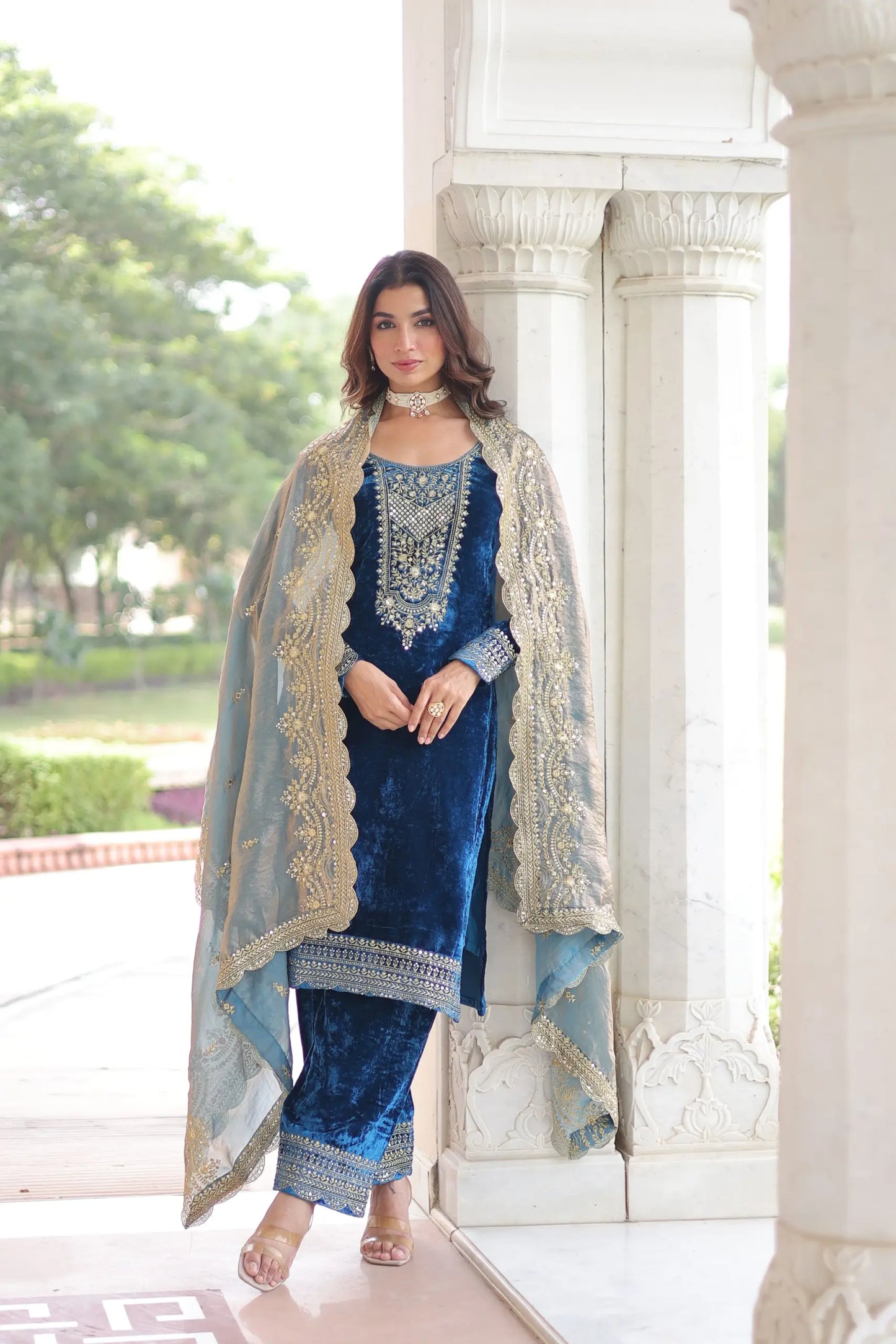 Royal Blue Velvet Embroidered Suit Set with Dupatta Party & Festive Wear