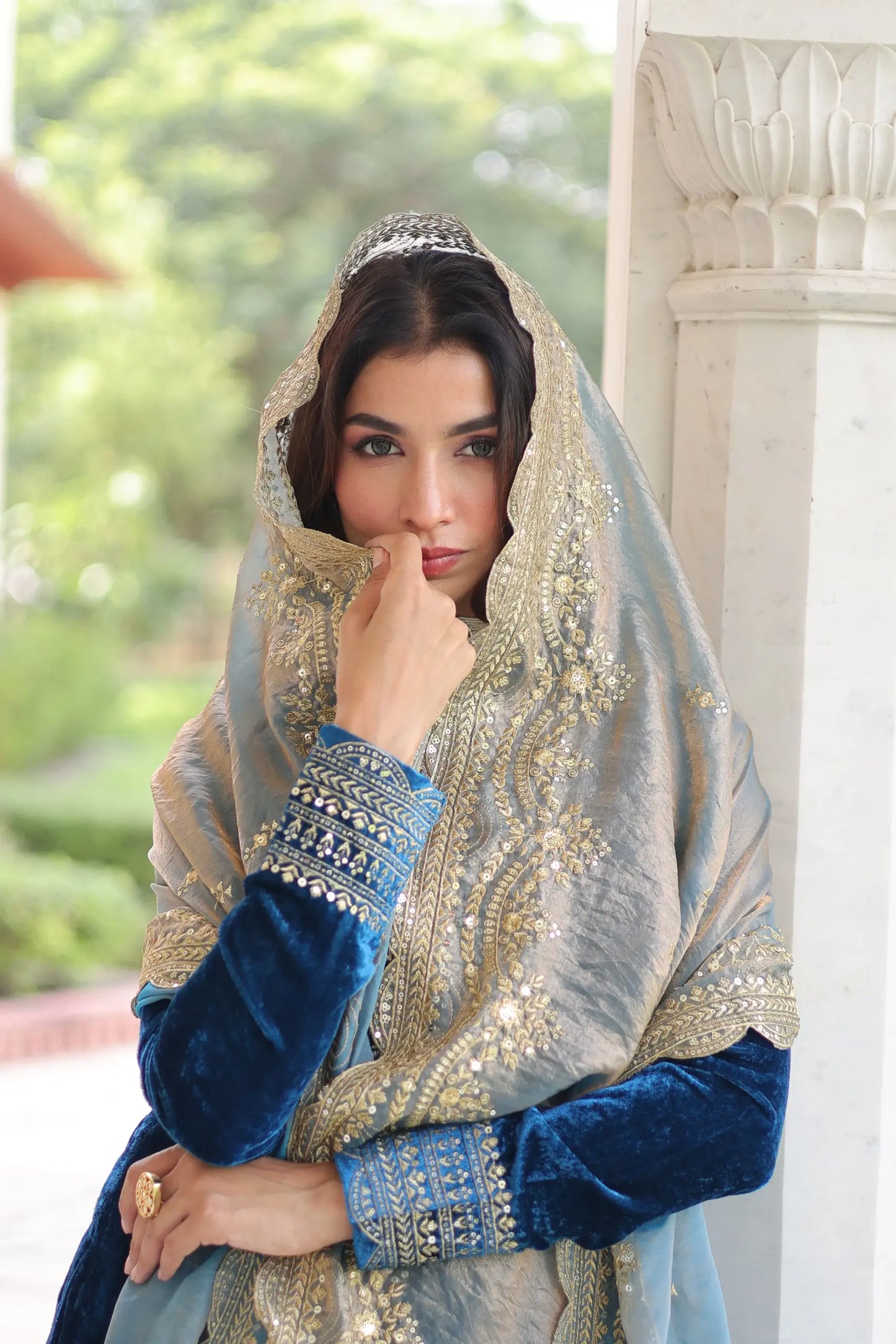 Royal Blue Velvet Embroidered Suit Set with Dupatta Party & Festive Wear