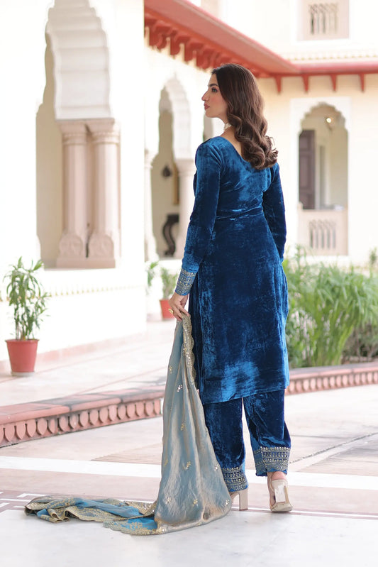 Royal Blue Velvet Embroidered Suit Set with Dupatta Party & Festive Wear