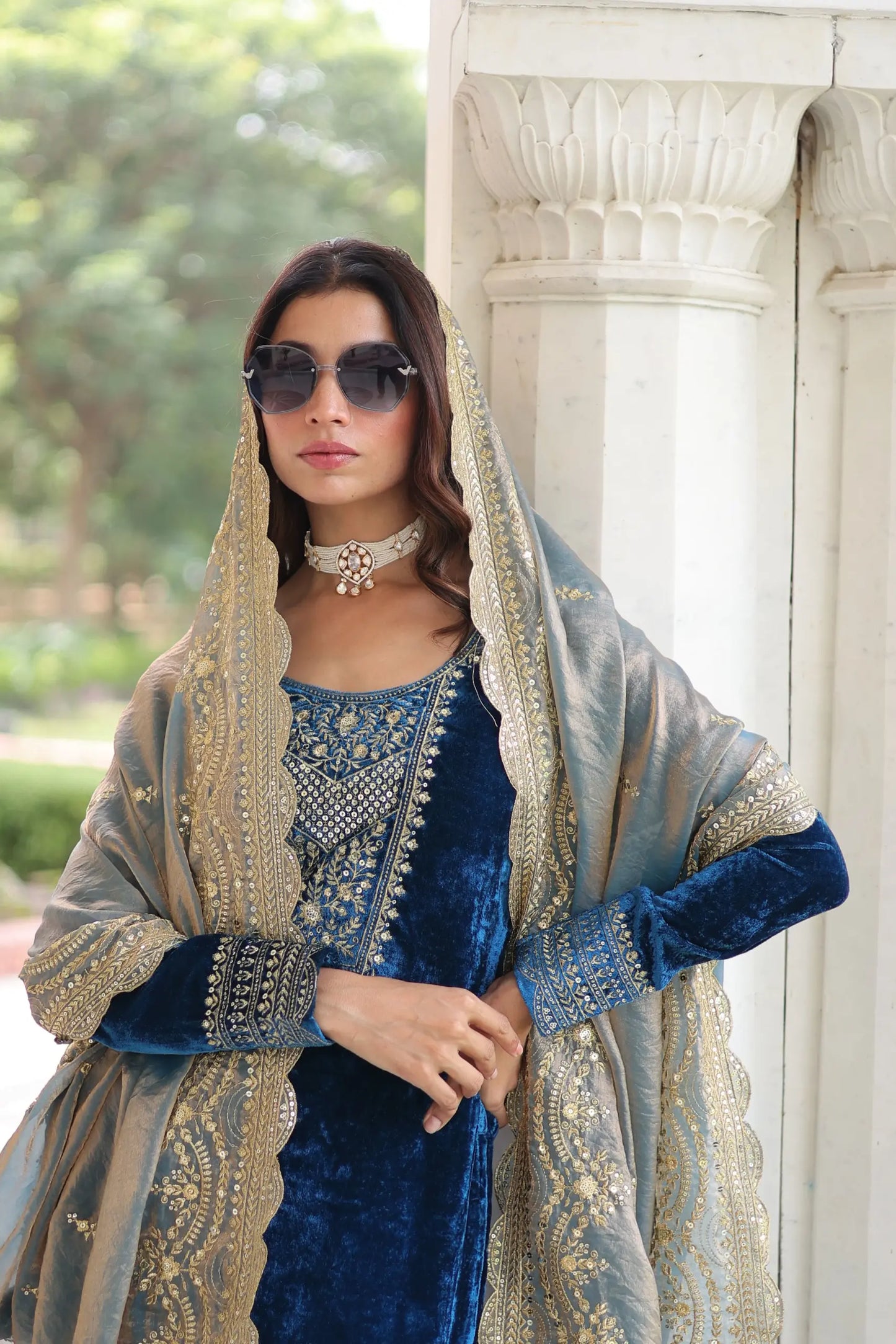 Royal Blue Velvet Embroidered Suit Set with Dupatta Party & Festive Wear
