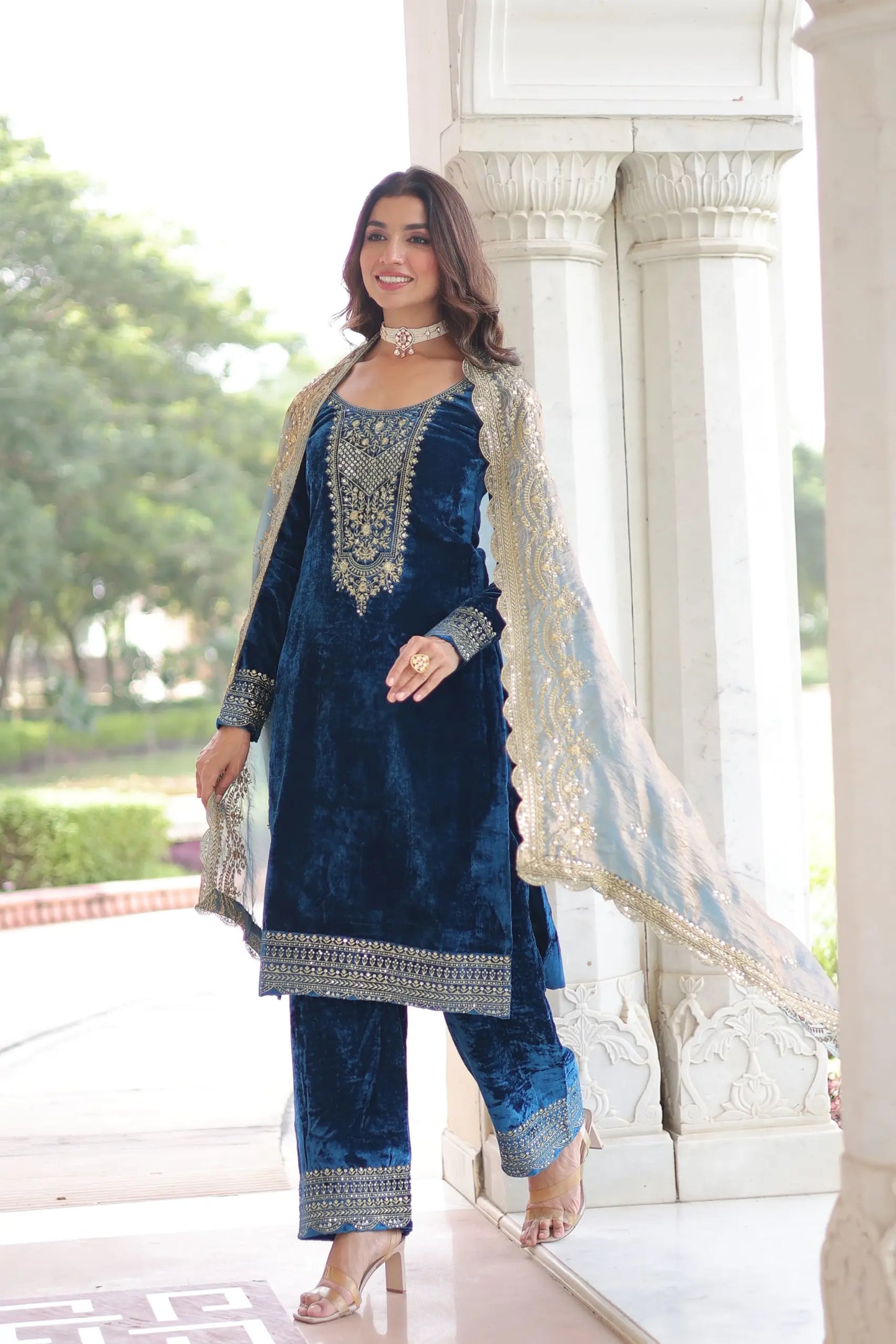 Royal Blue Velvet Embroidered Suit Set with Dupatta Party & Festive Wear