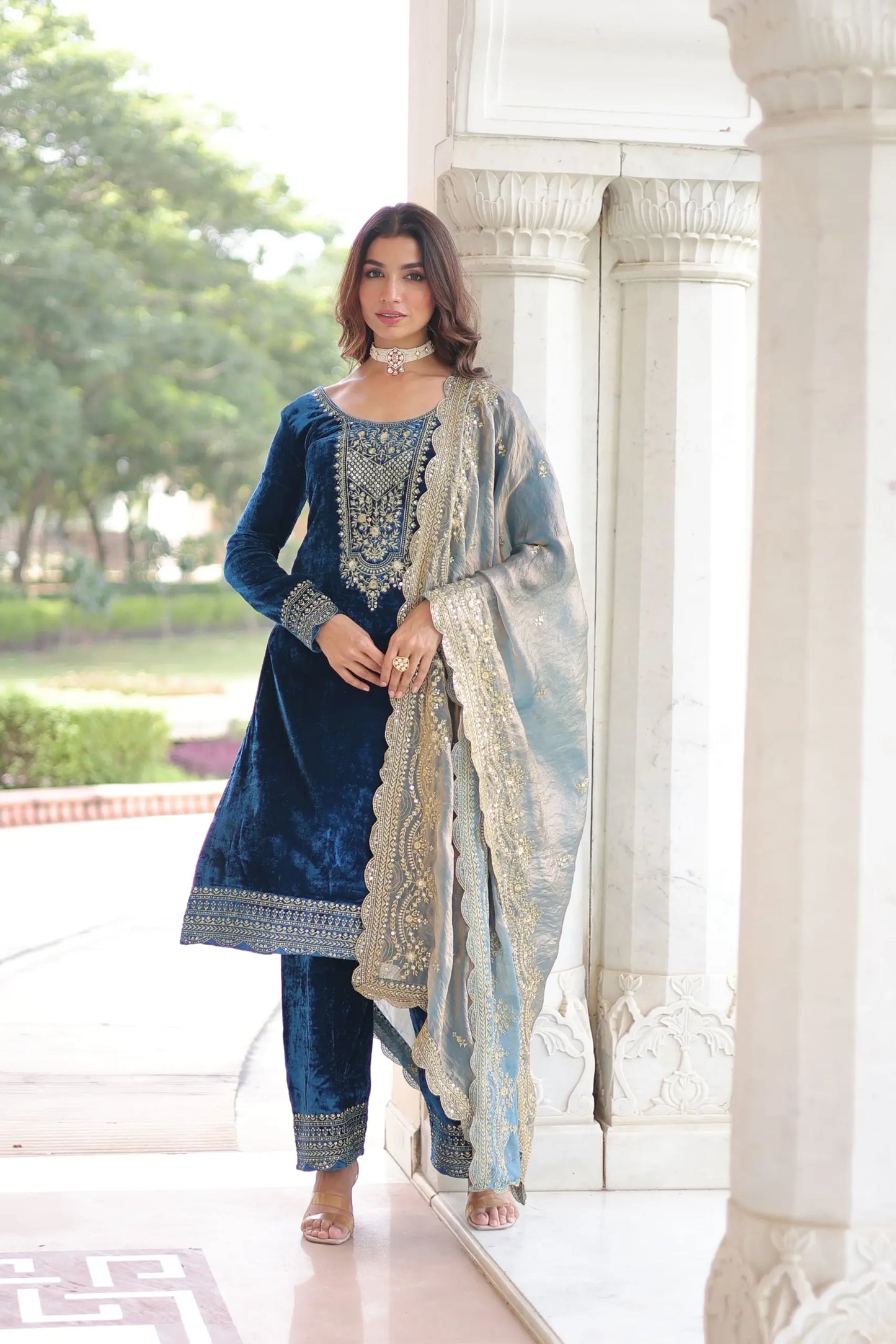 Royal Blue Velvet Embroidered Suit Set with Dupatta Party & Festive Wear