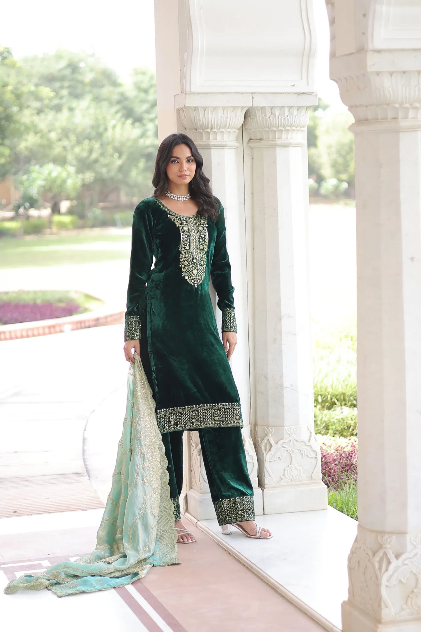 Emerald Green Velvet Embroidered Straight Suit with Dupatta Festive & Wedding Wear