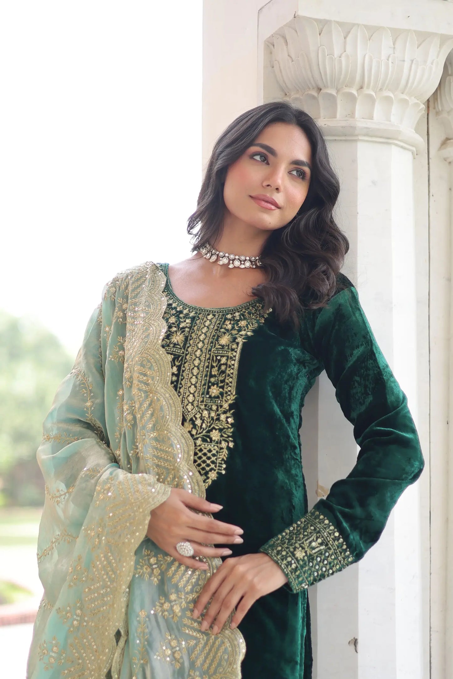 Emerald Green Velvet Embroidered Straight Suit with Dupatta Festive & Wedding Wear
